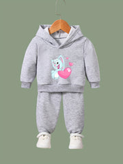 Girls 2pcs Cat & Heart Pattern Hooded Sweatshirt & Sweatpants Set