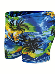Men's Palm Tree Print Casual Beach Shorts Elastic Waist