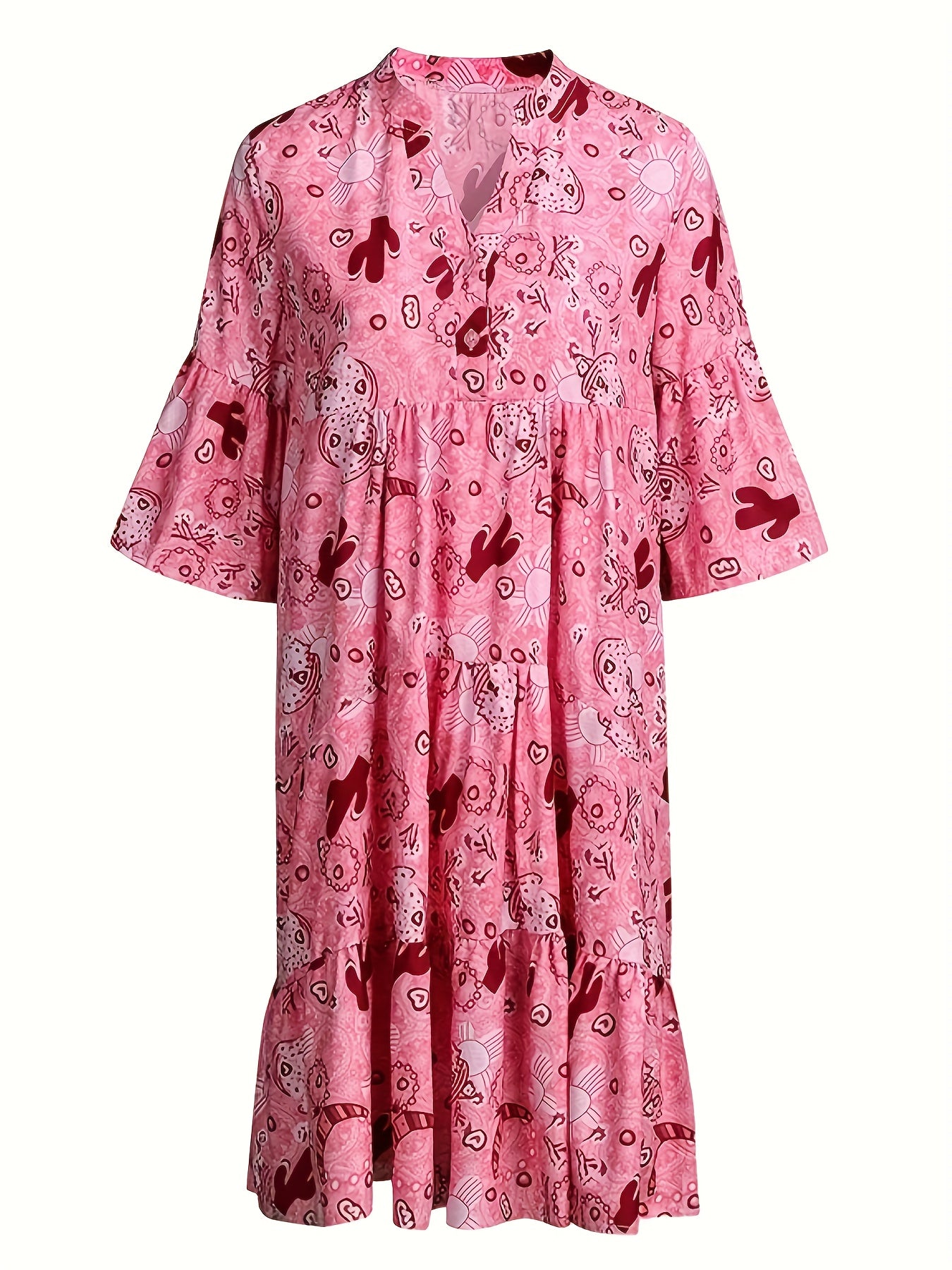 Graphic Print Bell Sleeve Mini Smock Dress