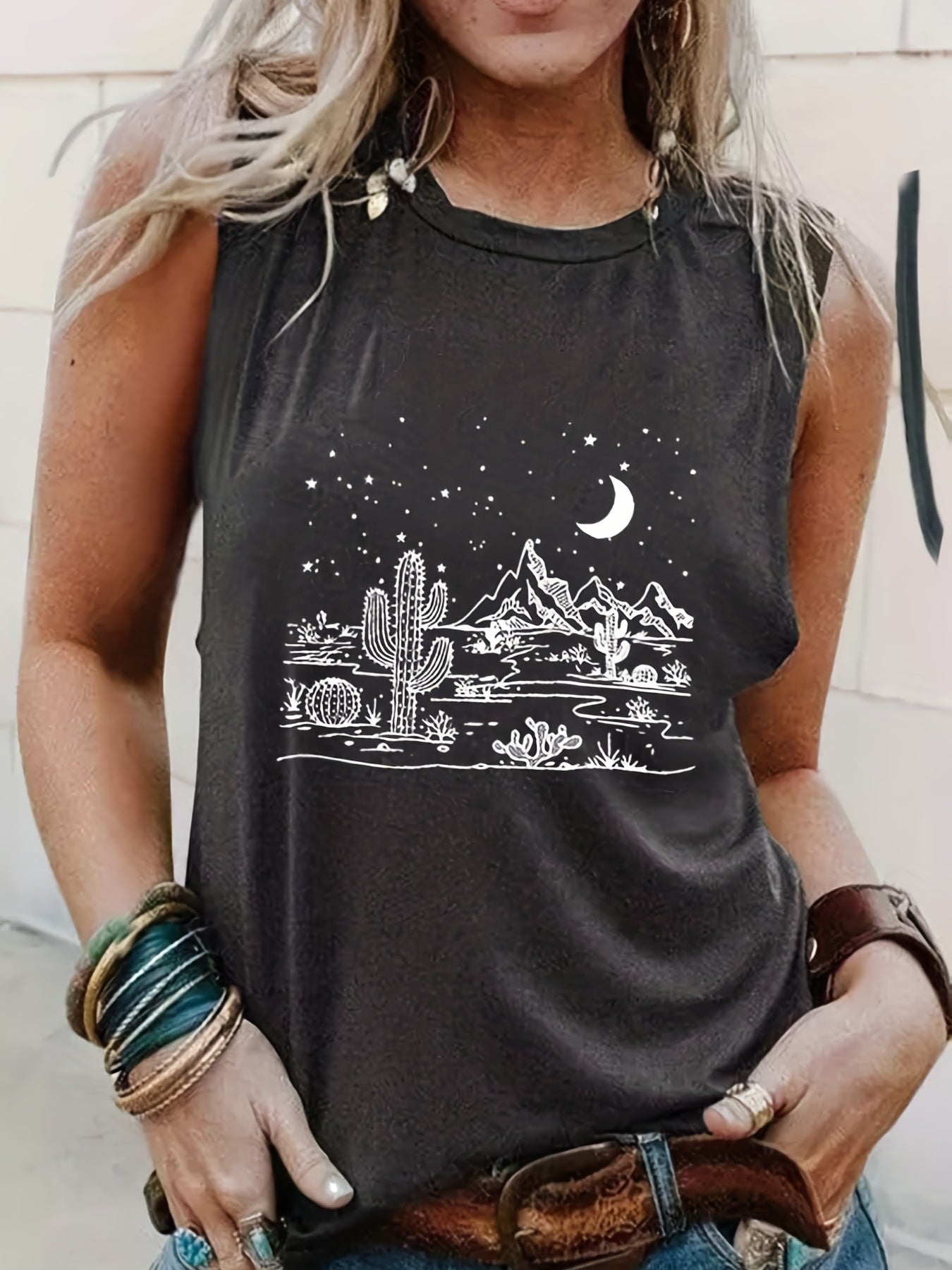 Graphic Print Tank Top Crew Neck Summer Sleeveless