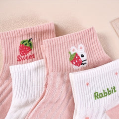 5 Pairs Strawberry Print Crew Short Socks Women's Stockings