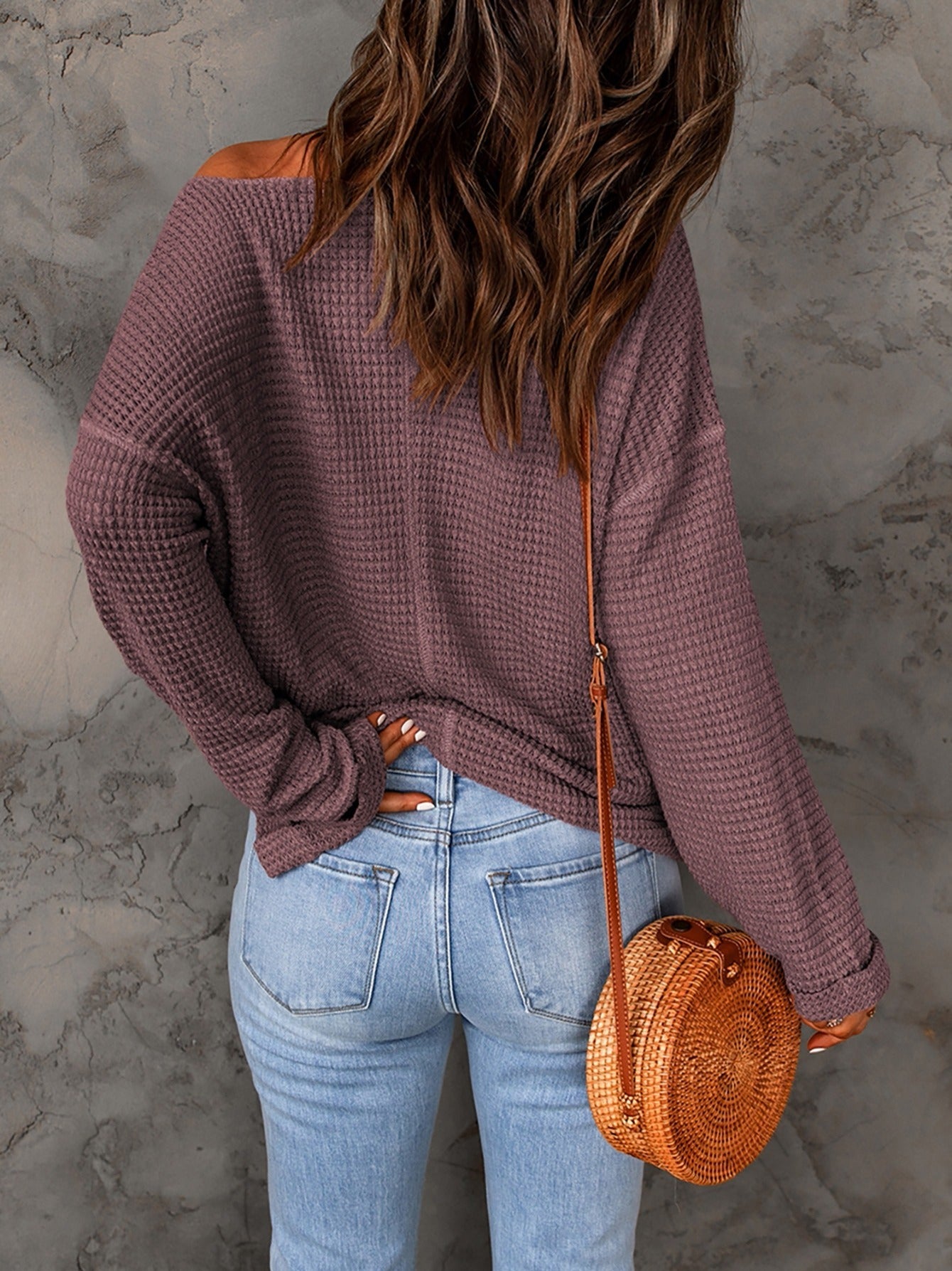 Women's Waffle V Neck Sweater Long Sleeve Solid