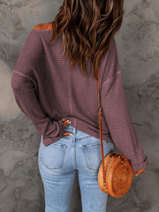 Women's Waffle V Neck Sweater Long Sleeve Solid