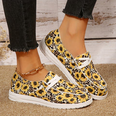 Floral Leopard Pattern Canvas Lace Up Walking Shoes