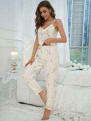 Floral Print Pajama Set V Neck Cami Top & Elastic Waistband Pants