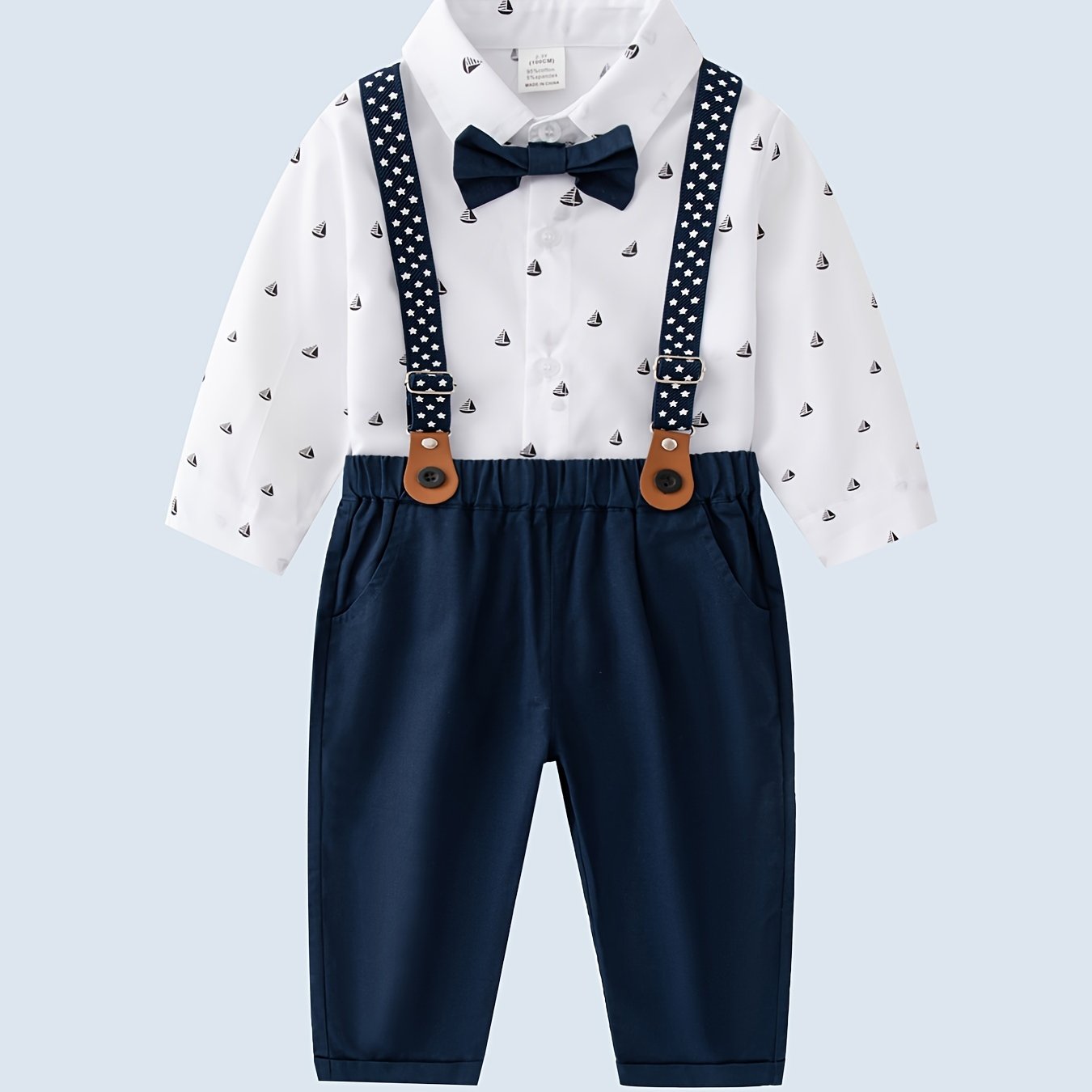 Baby Boys Gentleman Outfits Bowtie Long Sleeve Shirts Matching Suspender Pants