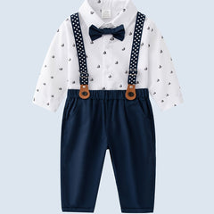 Baby Boys Gentleman Outfits Bowtie Long Sleeve Shirts Matching Suspender Pants