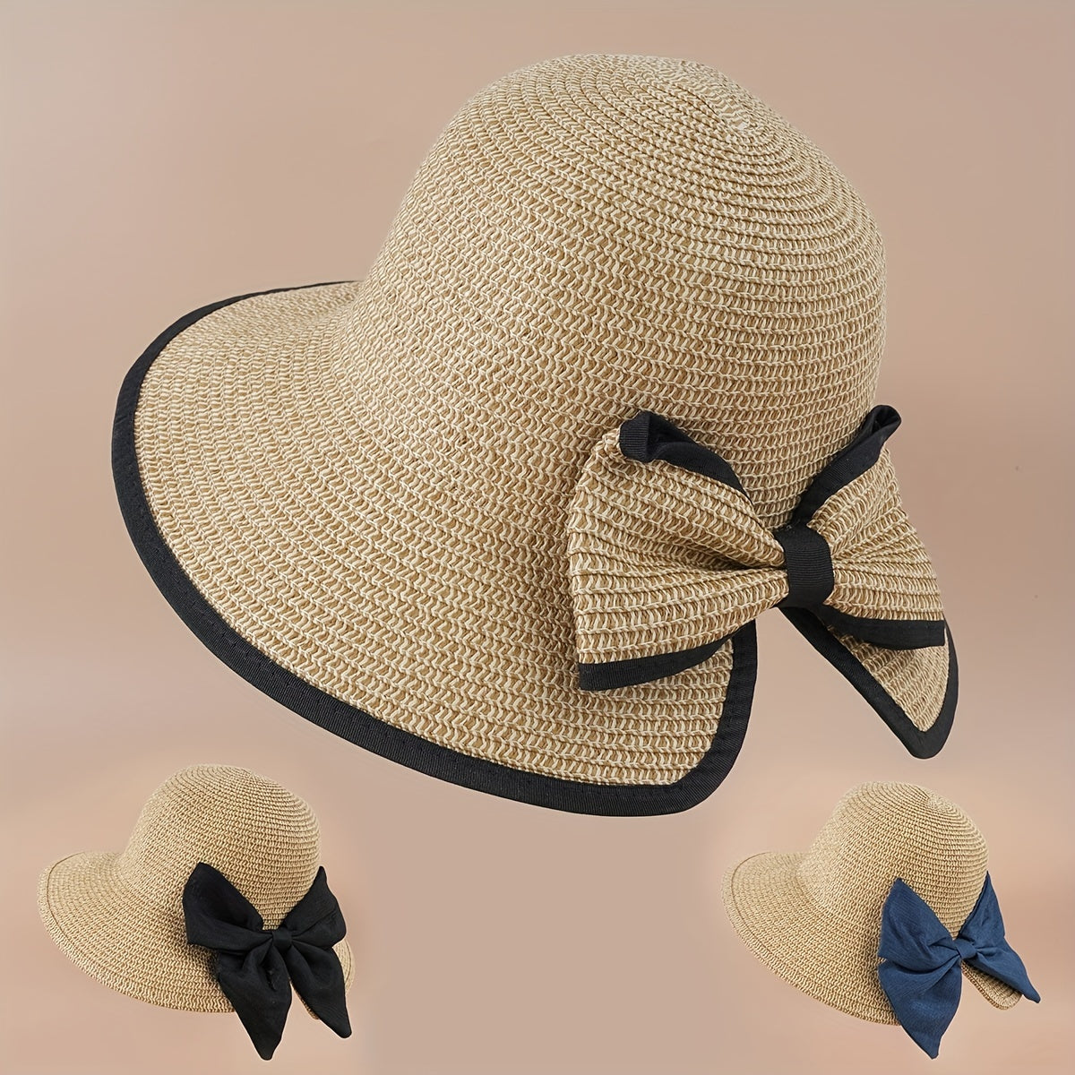 Bowknot Ponytail Straw Sun Hat Solid Sunscreen Beach Hat