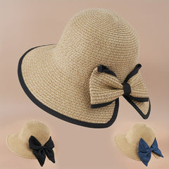 Bowknot Ponytail Straw Sun Hat Solid Sunscreen Beach Hat