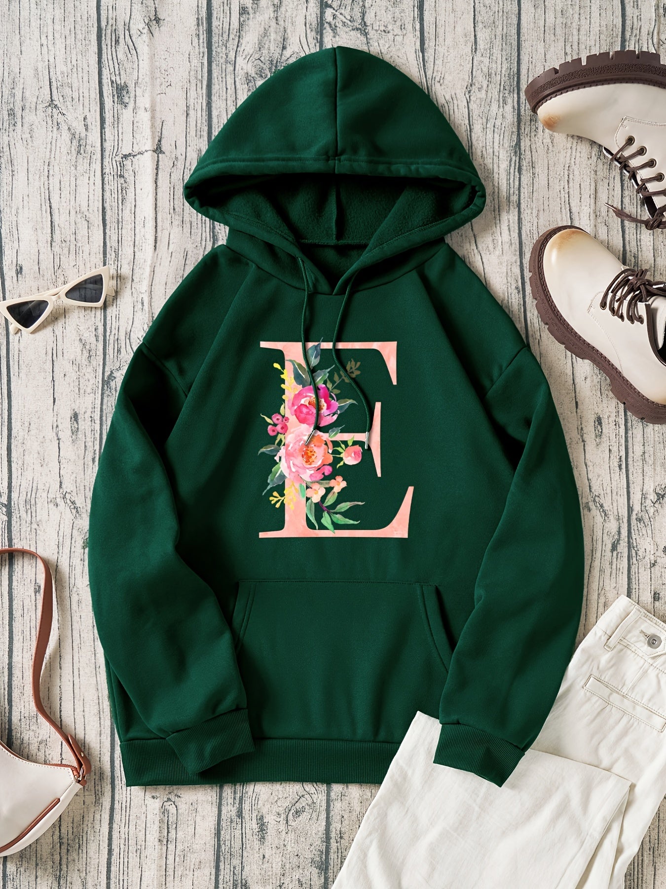 Flower & E Print Pullover Sweatshirt Drawstring Hoodies
