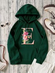 Flower & E Print Pullover Sweatshirt Drawstring Hoodies