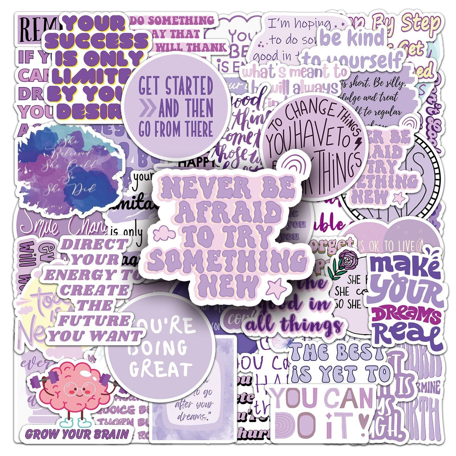 50pcs Purple Motivational Stickers Waterproof & Reusable Inspirational Phrases