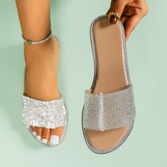 Women's Rhinestone Flat Slippers Glitter Open Toe Non slip Slides Shoes