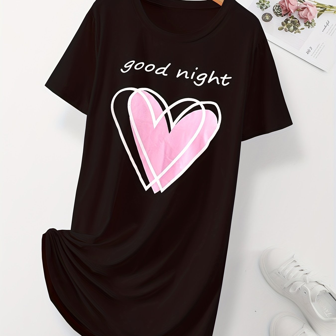 Heart & Letter Print Round Neck Sleep Dress