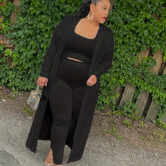 Solid Cop Tank Top & Leggings & Cardigan Outfit Set