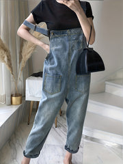 Loose Fit Denim Overalls Patch Pockets Non Stretch Adjustable Strap Versatile