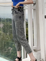 High Waist Paperbag Waist Denim Jeans Casual Drawstring Pencil Pants