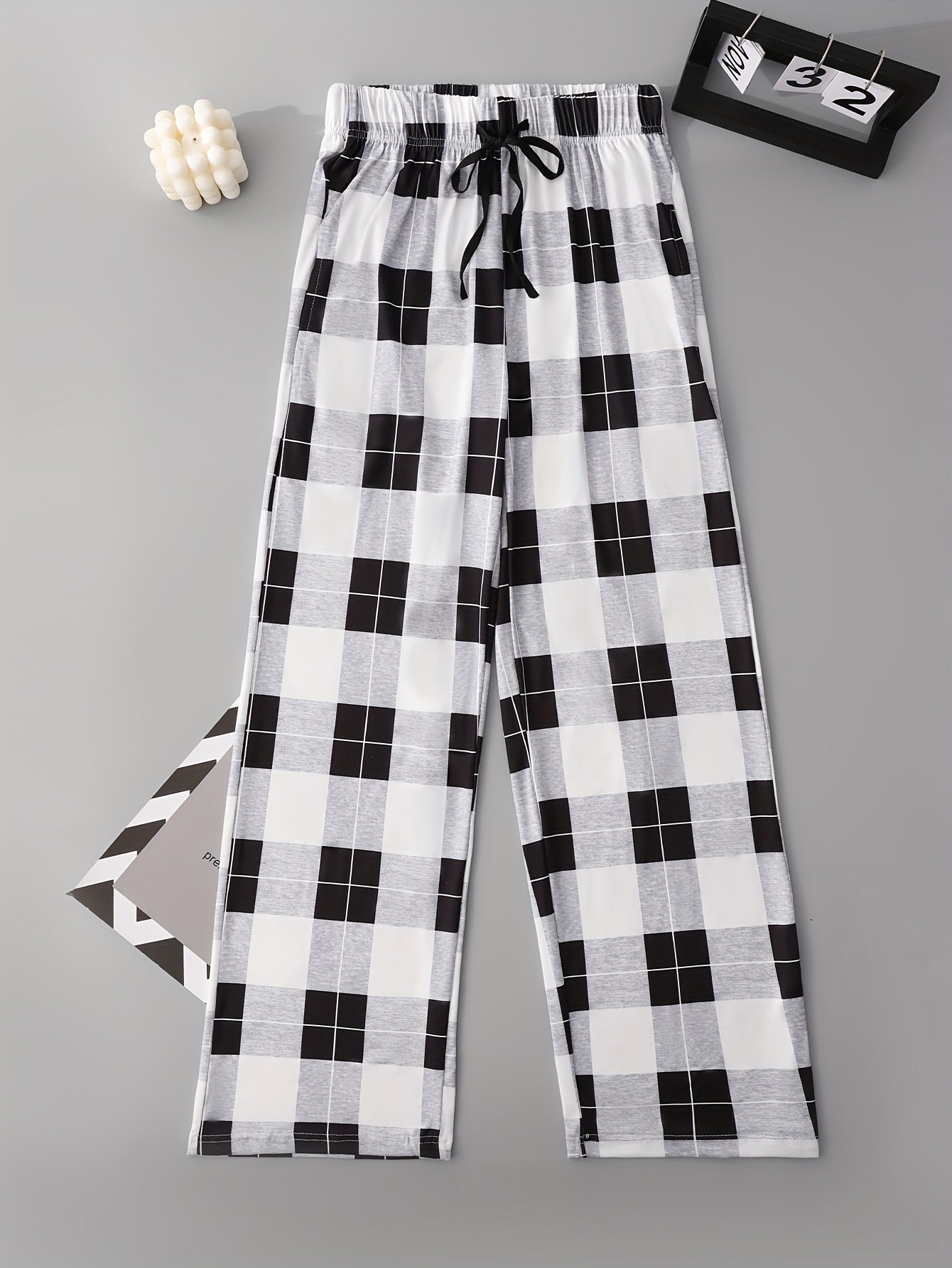 Colorblock Plaid Lounge Pants Soft Drawstring Womens Loungewear
