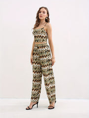 Striped Two Piece Set Crop Cami Top & Wide Leg Pants Outfit