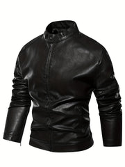 PU Biker Jacket Men's Casual Zip Up Stand Collar Faux Leather Jacket