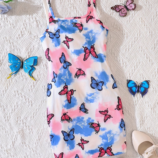 Butterfly Print Square Neck Bodycon Cami Dress for Summer
