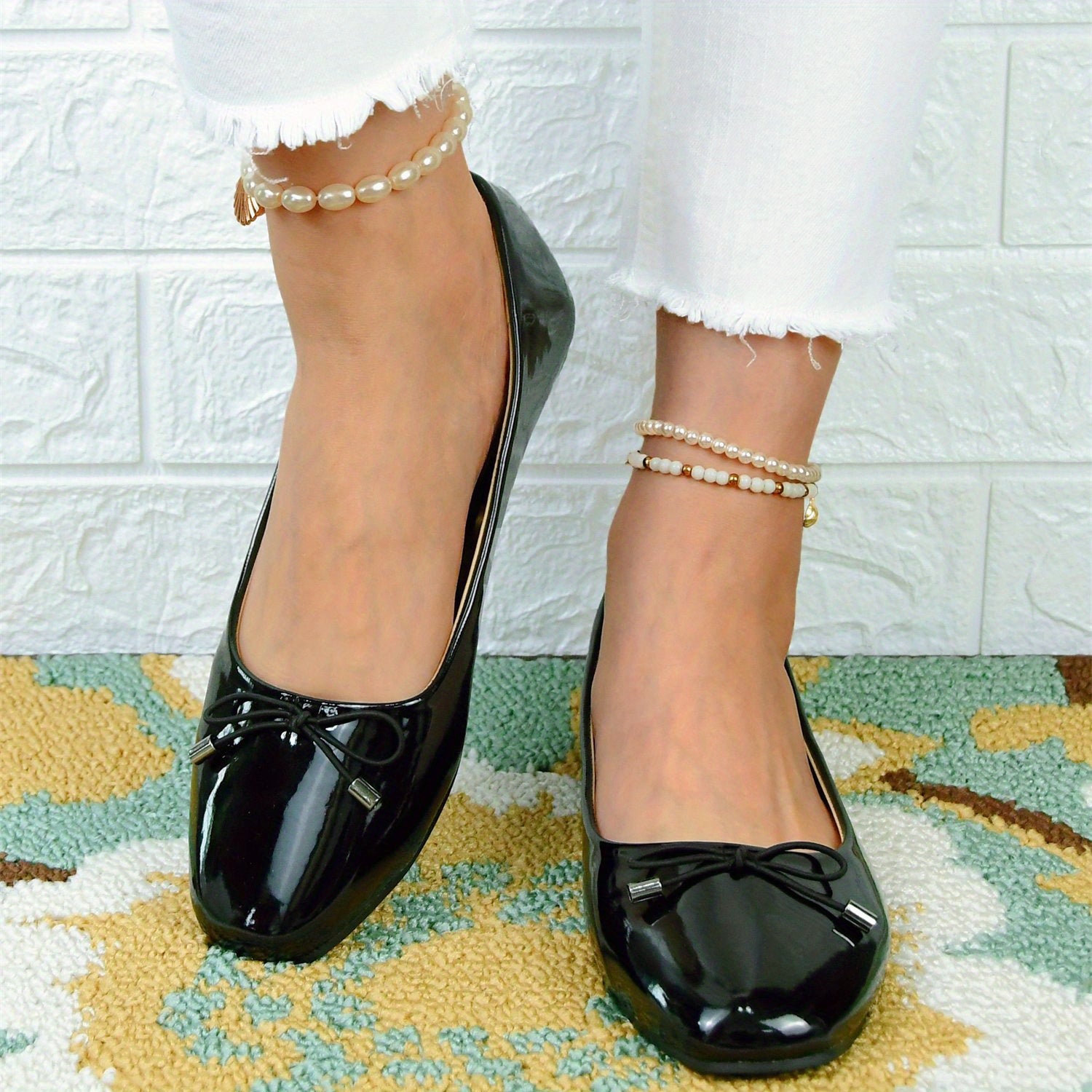 Women's Bowknot Ballet Flats Square Toe Slip On Patent Leather Shoes