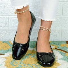 Women's Bowknot Ballet Flats Square Toe Slip On Patent Leather Shoes