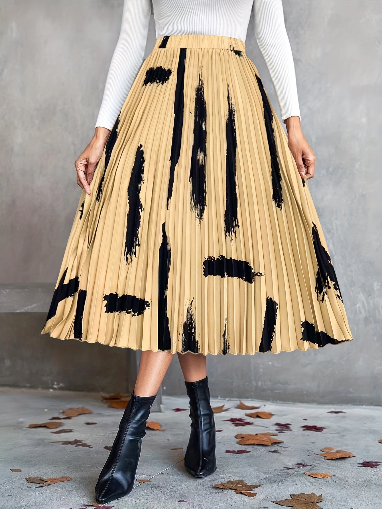 Brush Print Elastic Waist Pleated Maxi Skirt