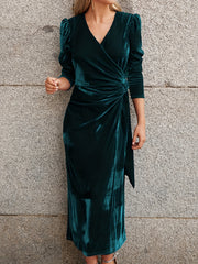 Velvet Lantern Sleeve Plus Size Party Dress with Surplice Neck