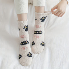5 Pairs Cute Cat Print Fuzzy Socks for Women