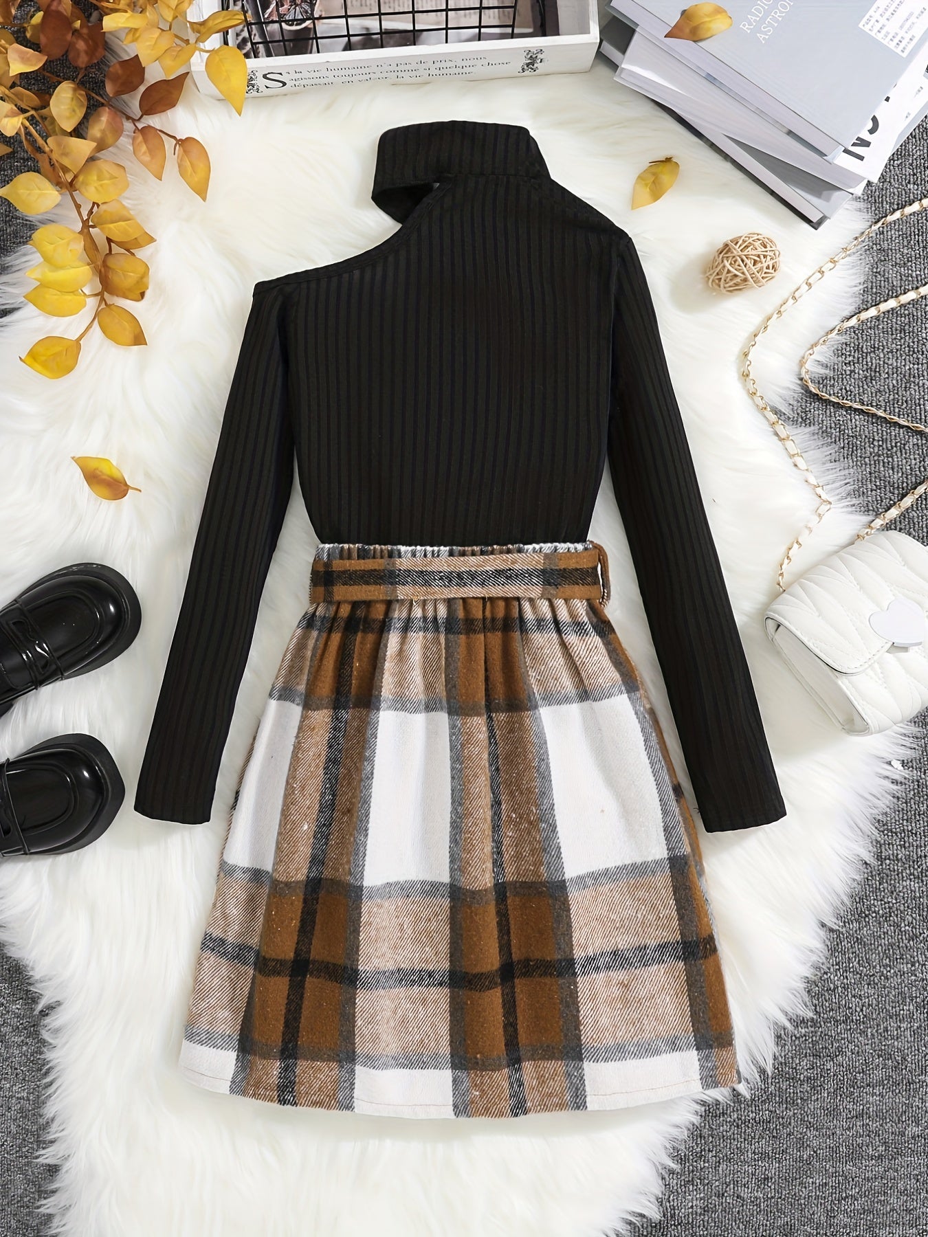 Girl's Ribbed Long Sleeve Top & Plaid Skirt Set Cutout Outfits