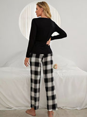 Letter Print Pajama Set Crew Neck Top & Pants Women's Sleepwear