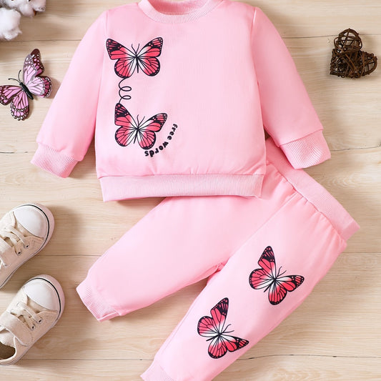 Baby Girl Butterfly Print Sweatshirt Trousers 2pcs Set Kids Pullover Pants