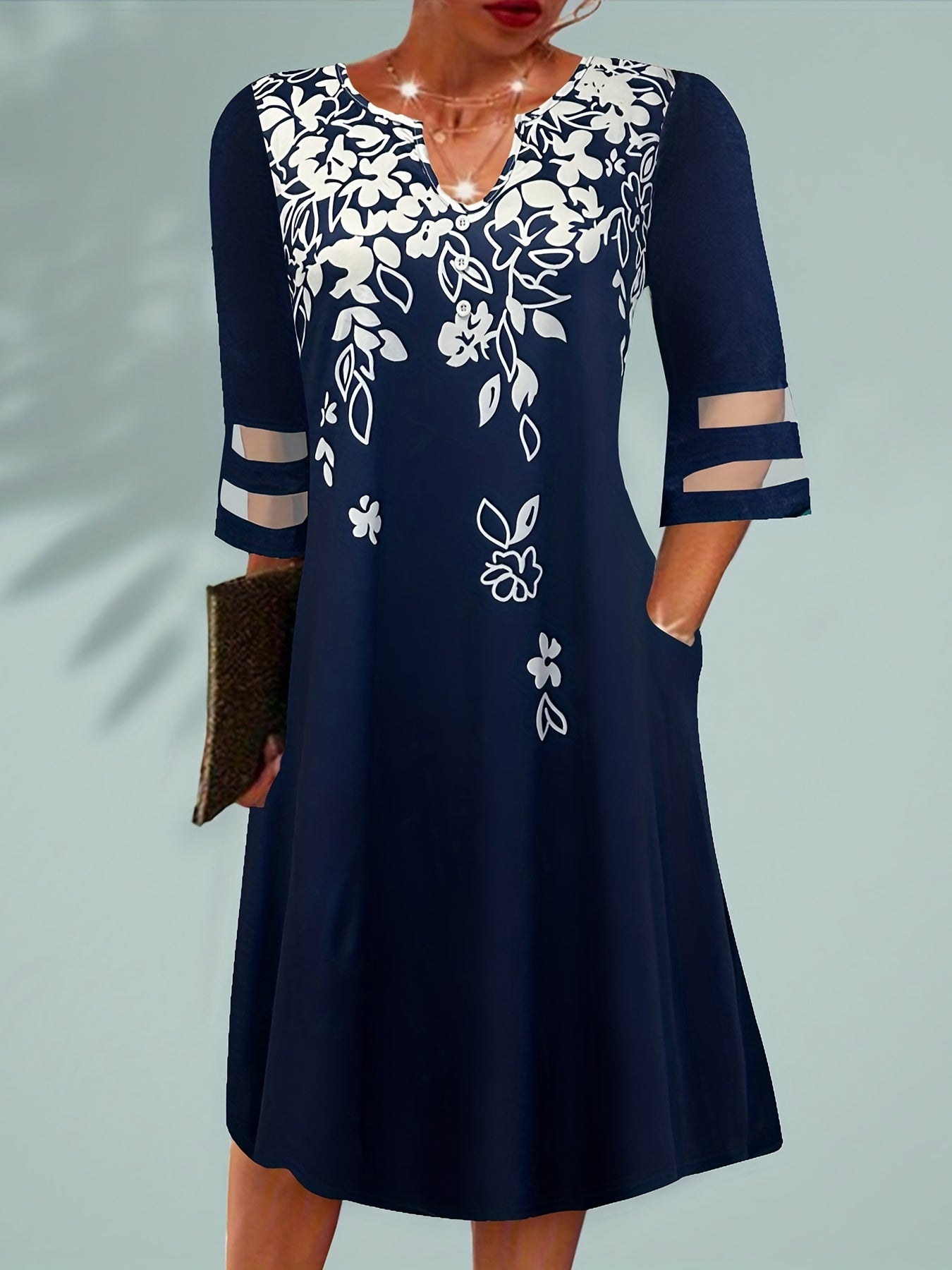 Boho Dress Women's Plus Floral Print Mesh Sleeve Knee Length Dress