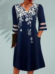 Boho Dress Women's Plus Floral Print Mesh Sleeve Knee Length Dress