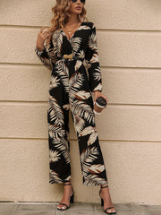 Tropical Print Surplice Neck Jumpsuit Long Sleeve Wide Leg Jumpsuit