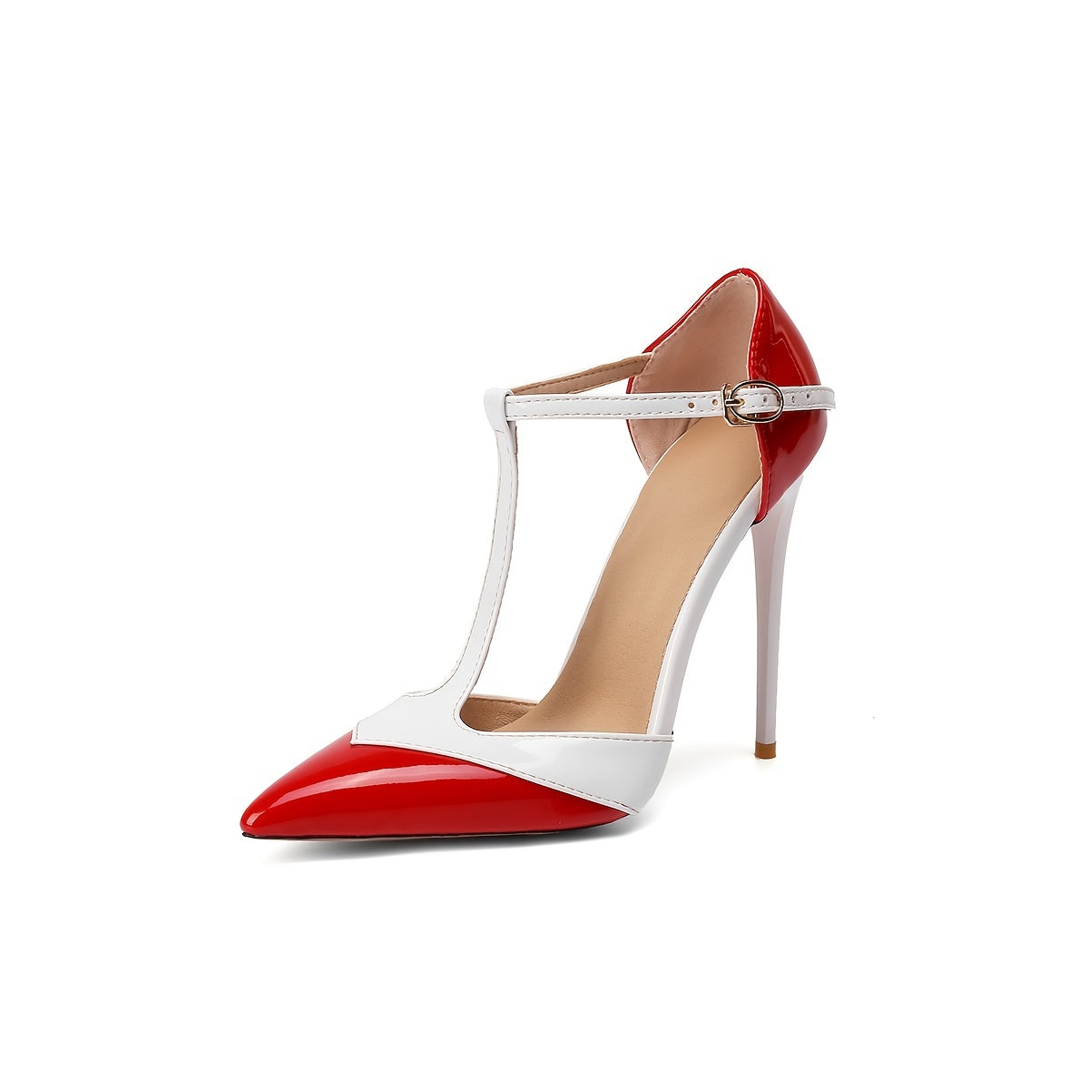 Colorblock T-Strap High Heels Pointed Toe Stiletto Pumps