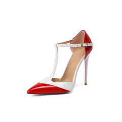 Colorblock T-Strap High Heels Pointed Toe Stiletto Pumps