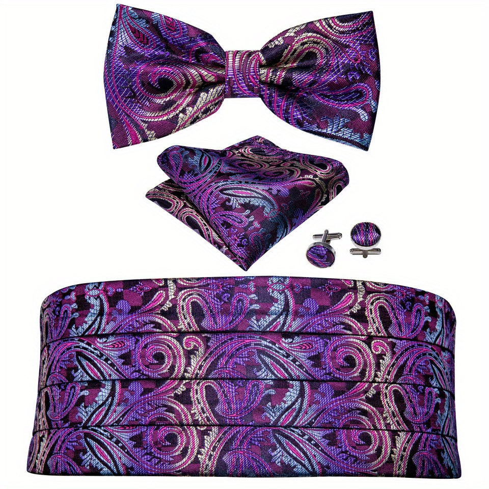 Barry Wang Men's Golden Cummerbund Bowtie Set Silk Paisley Floral