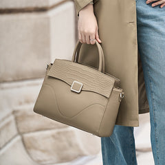 Vintage Leather Handbag for Women Gray Tote with Zipper Closure