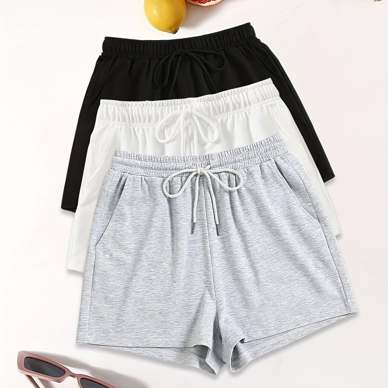 3 Pack Solid Drawstring Shorts for Women