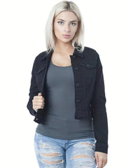 Long Sleeve Cropped Denim Jackets Button Closure Flap Pockets Denim Short Coats