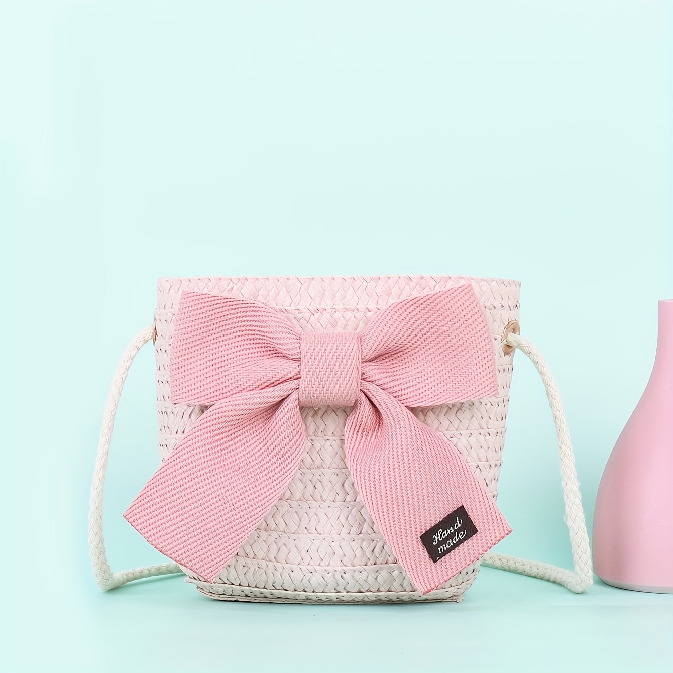 Kids Straw Crossbody Bag Small Bow Coin Purse Mini Shoulder Bags