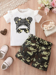 Girls Cartoon Girl Graphic Top & Camo Shorts Set