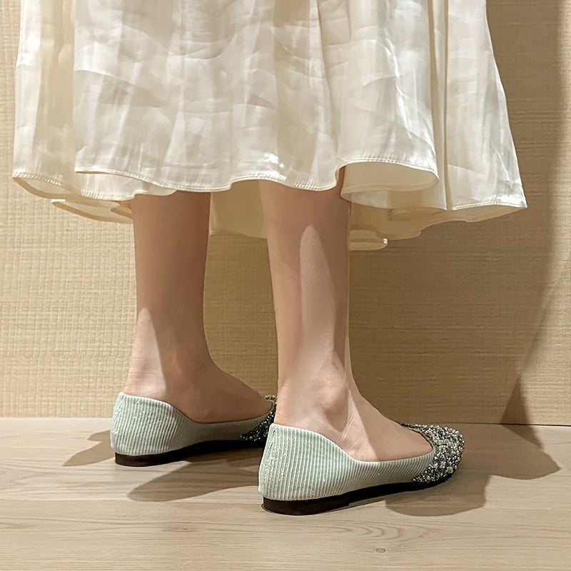 Glitter Faux Rhinestone Slip On Shoes Solid Pointed Toe Flat Shoes