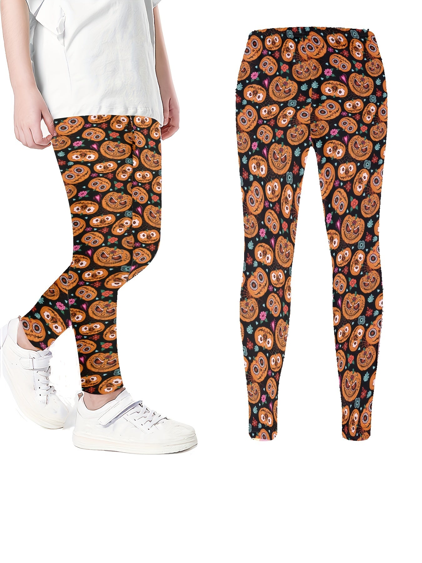 Girls Halloween Skull & Pumpkin Leggings Slim Fit Sports Trousers