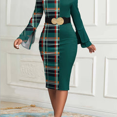 Colorblock Plaid Bell Sleeve Dress