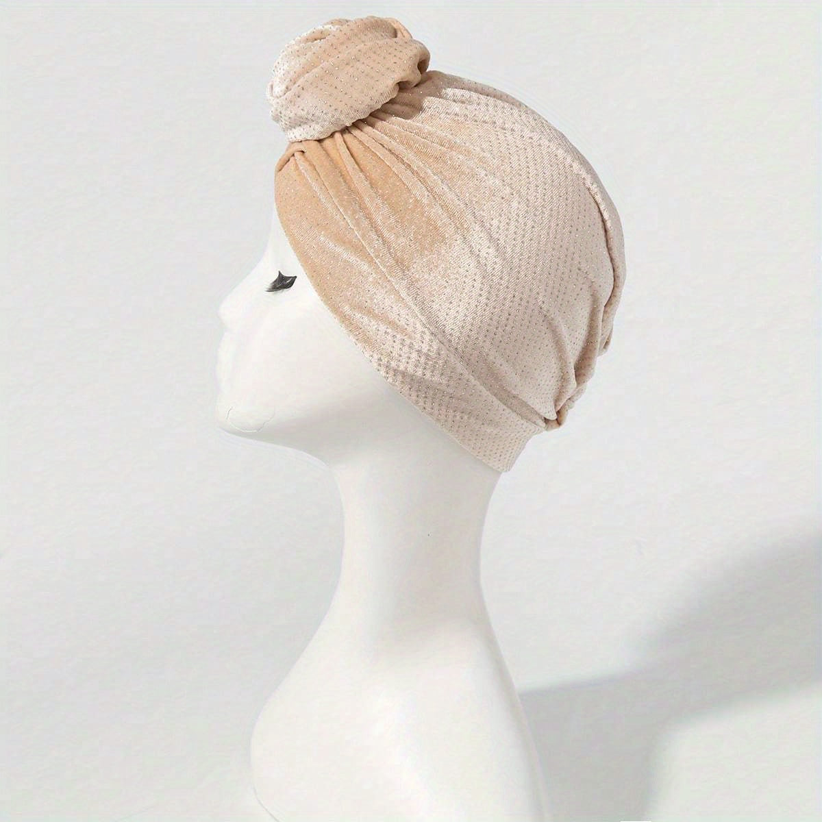 Polka Dot Velvet Turban Cap Flower Decor Head Wrap Solid Elastic Head Scarf