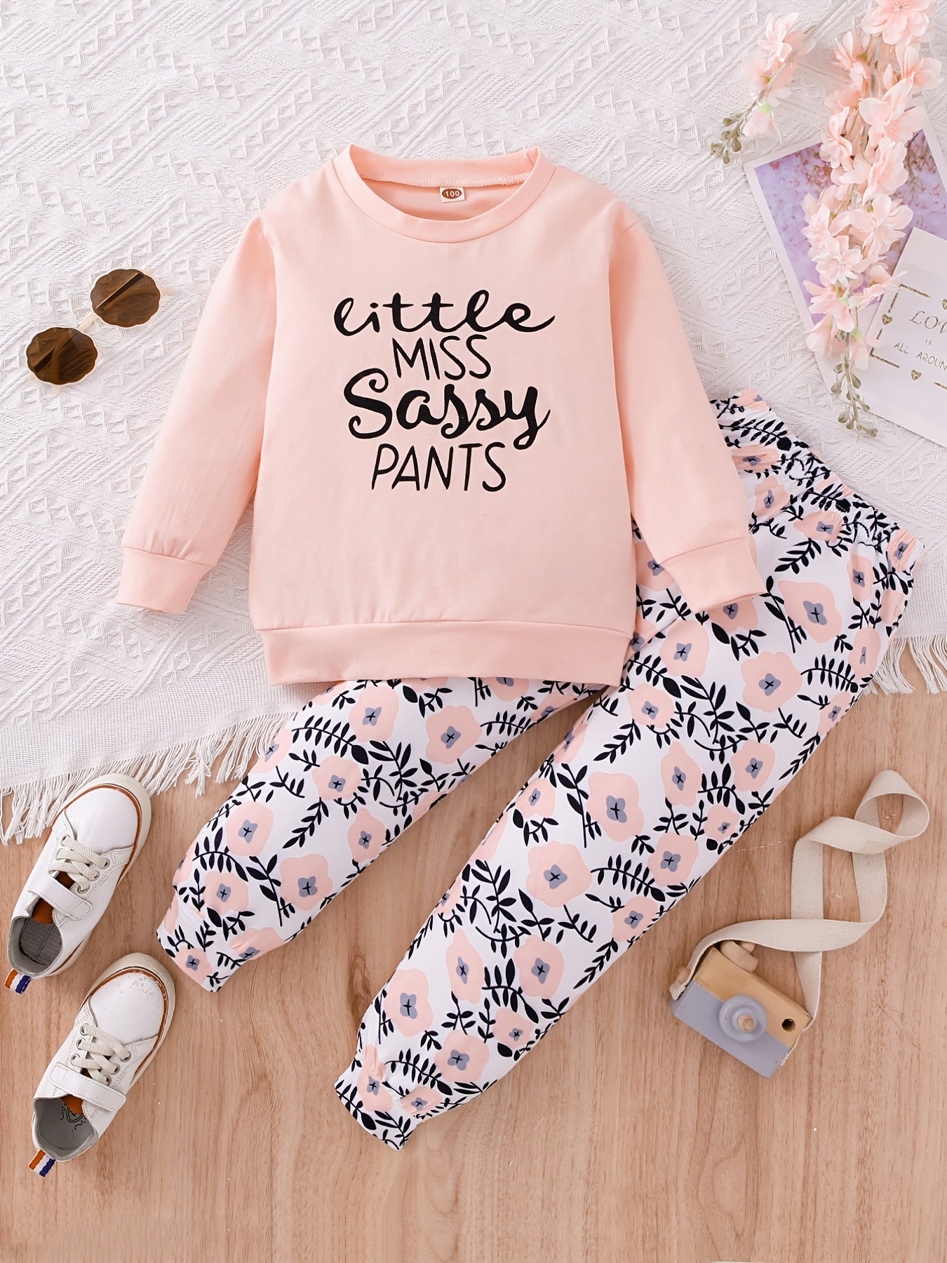 Baby Girls Letter Long Sleeve Top & Flower Print Pants