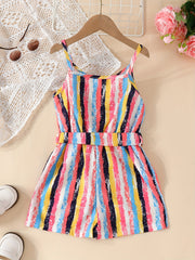 Toddler Girls Stripe Graphic Belted Cami Rompers Jumpsuits
